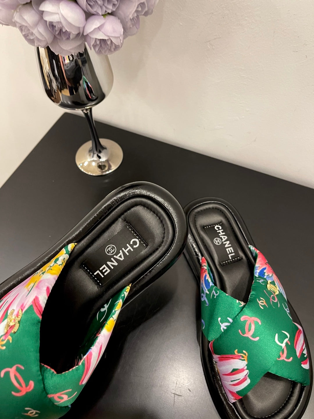 CC 25 Platform Slide Green Cloth Sheepskin 334743