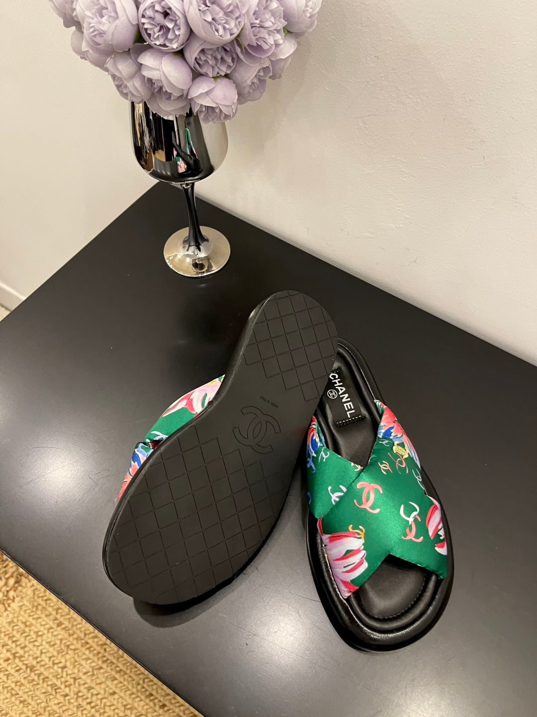 CC 25 Platform Slide Green Cloth Sheepskin 334743