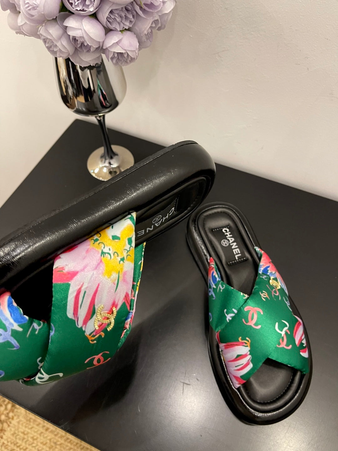 CC 25 Platform Slide Green Cloth Sheepskin 334743