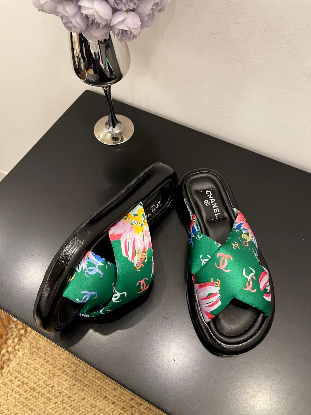 CC 25 Platform Slide Green Cloth Sheepskin 334743