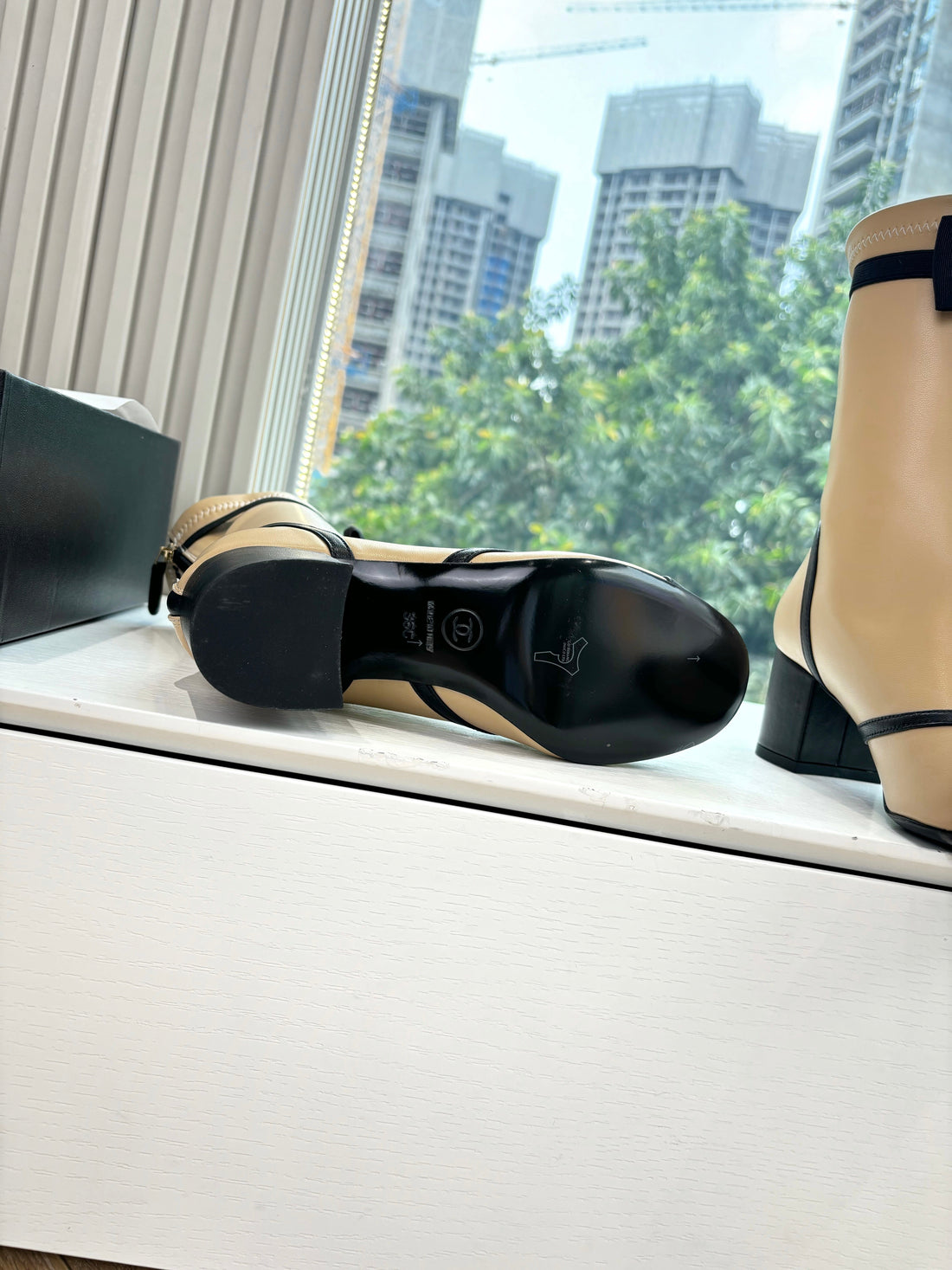 CC 25 Short Boot Beige Calfskin Black Bow 430318