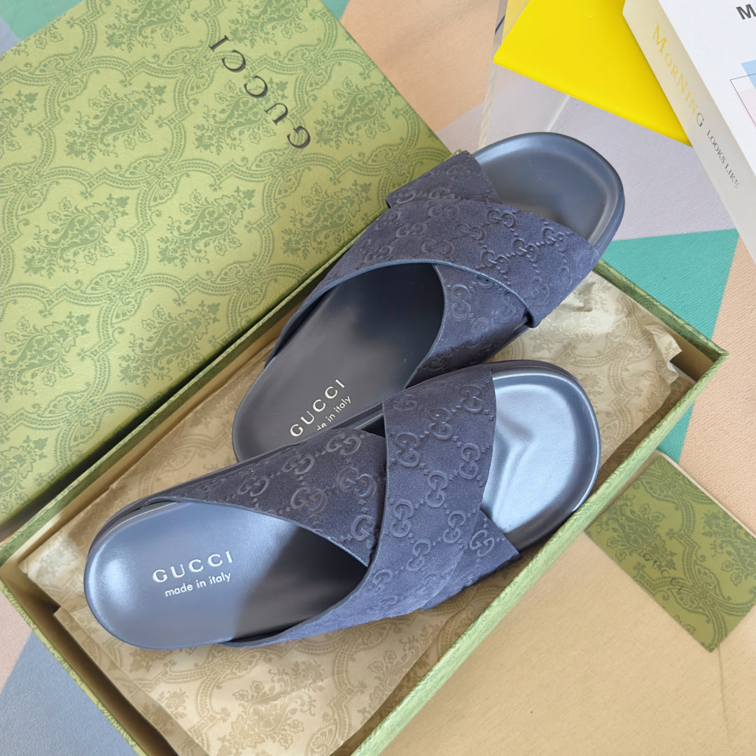 GG Men's Slide Navy Blue Embossed Suede 595712