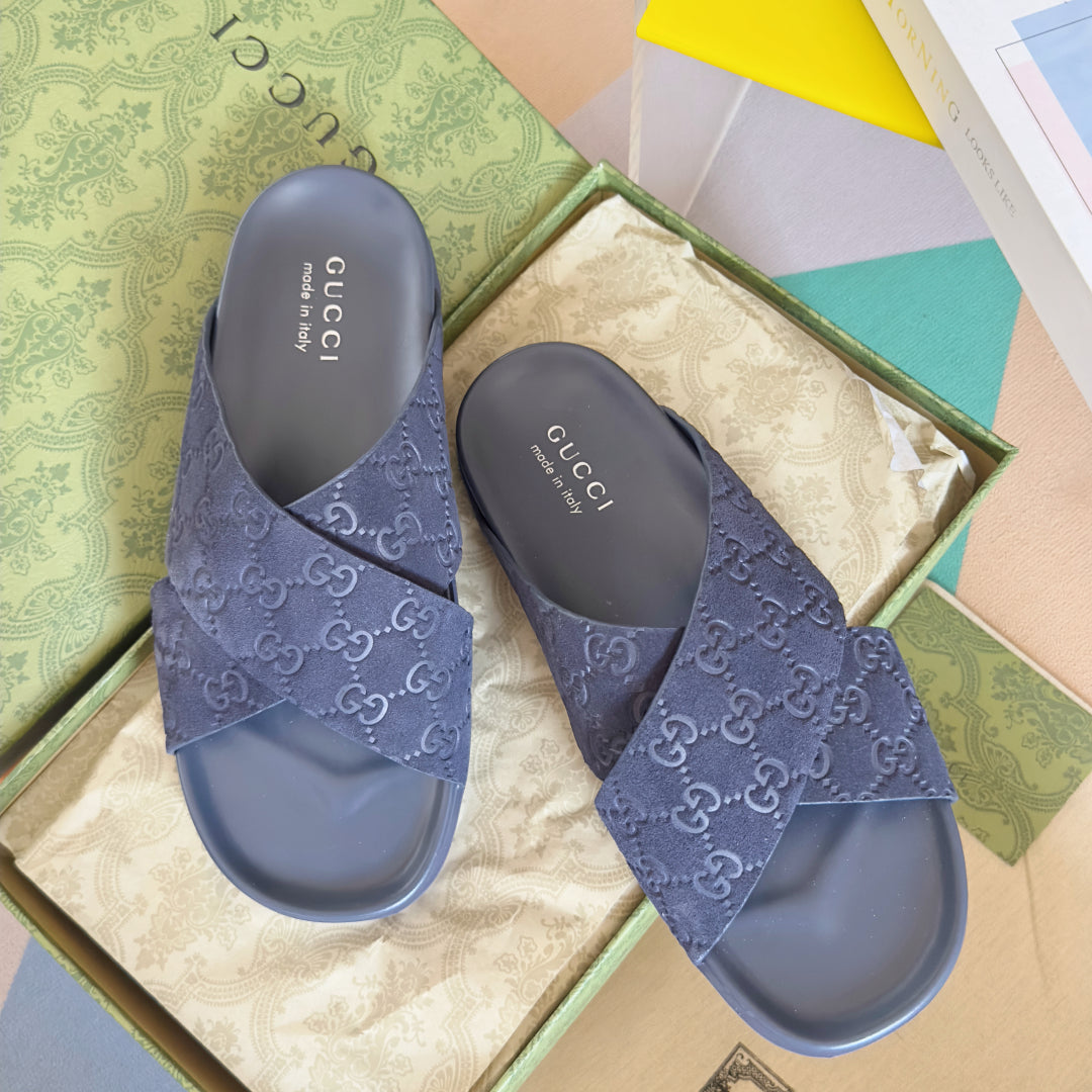 GG Men's Slide Navy Blue Embossed Suede 595712