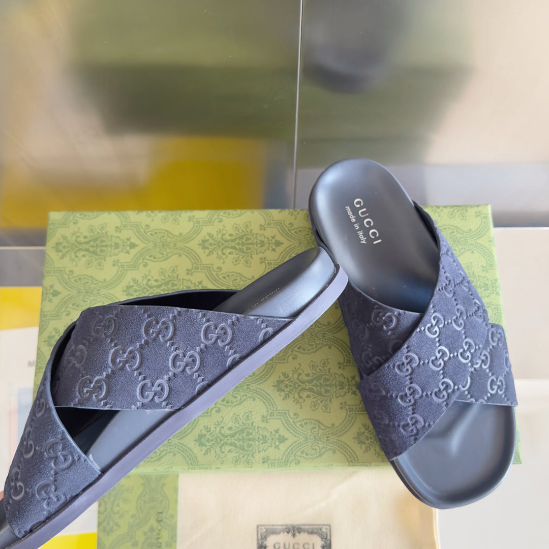 GG Men's Slide Navy Blue Embossed Suede 595712