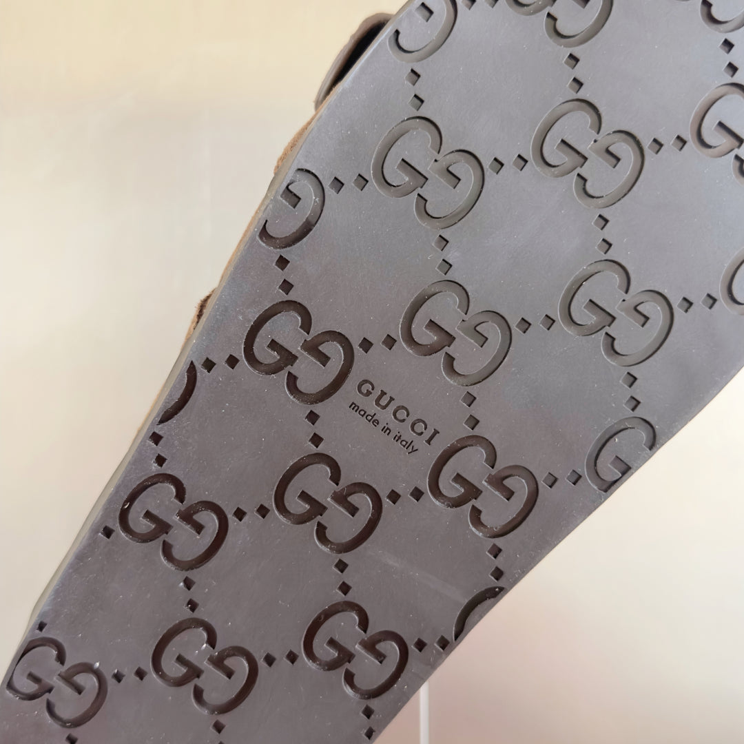 GG Men's Sandals Slide Brown Embossed Suede 595716