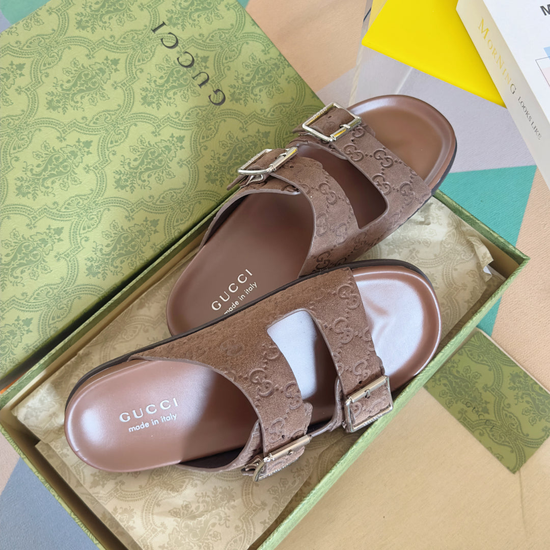 GG Men's Sandals Slide Brown Embossed Suede 595716