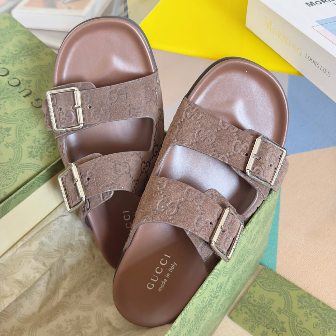 GG Men's Sandals Slide Brown Embossed Suede 595716