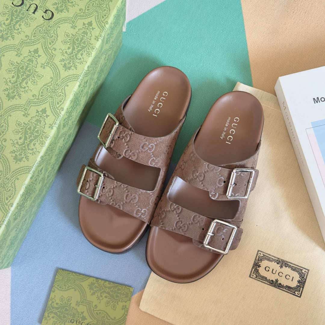 GG Men's Sandals Slide Brown Embossed Suede 595716