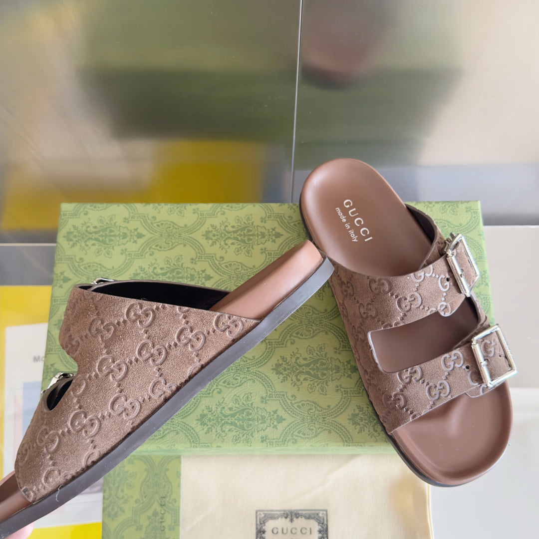 GG Men's Sandals Slide Brown Embossed Suede 595716