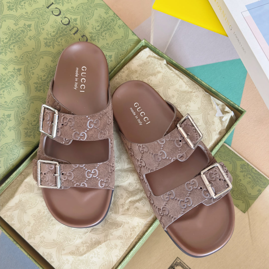 GG Men's Sandals Slide Brown Embossed Suede 595716