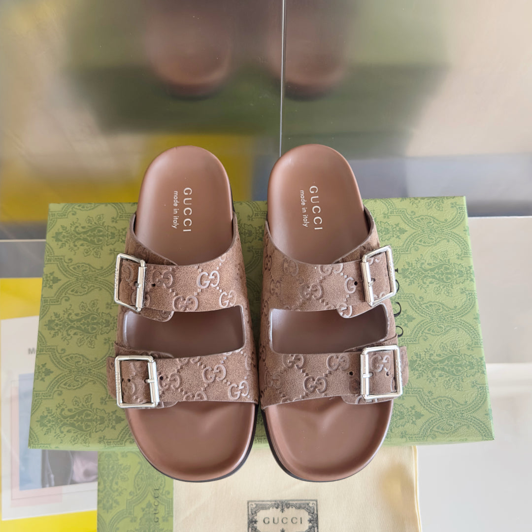 GG Men's Sandals Slide Brown Embossed Suede 595716