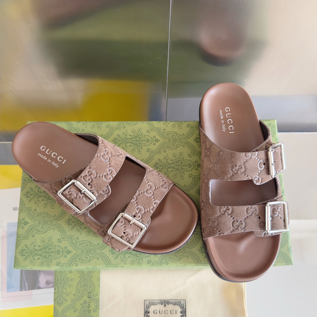 GG Men's Sandals Slide Brown Embossed Suede 595716