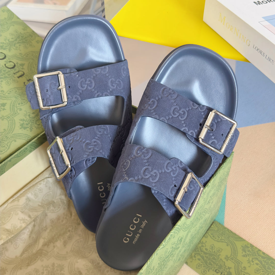 GG Men's Slide Navy Blue Embossed Suede 595718