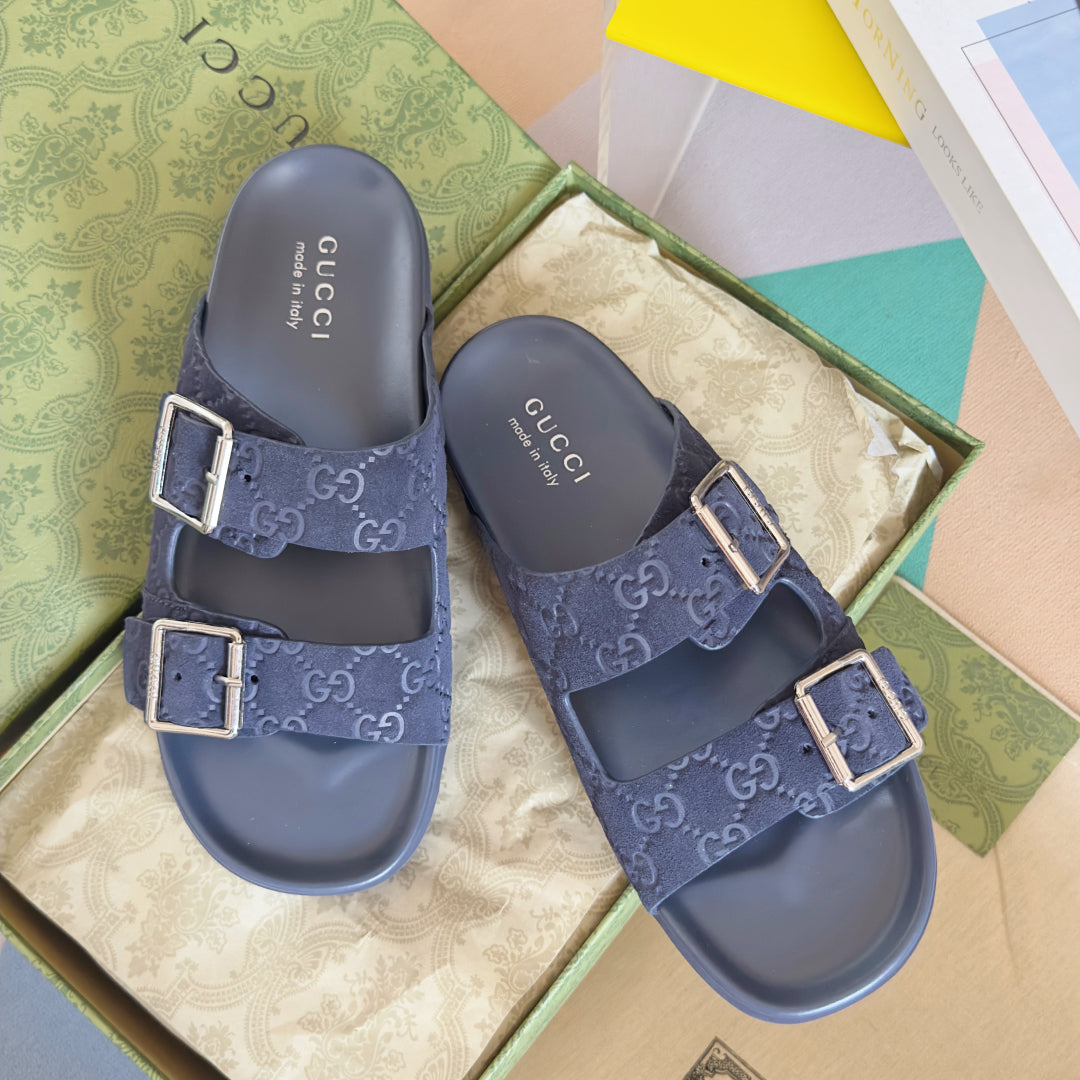 GG Men's Slide Navy Blue Embossed Suede 595718