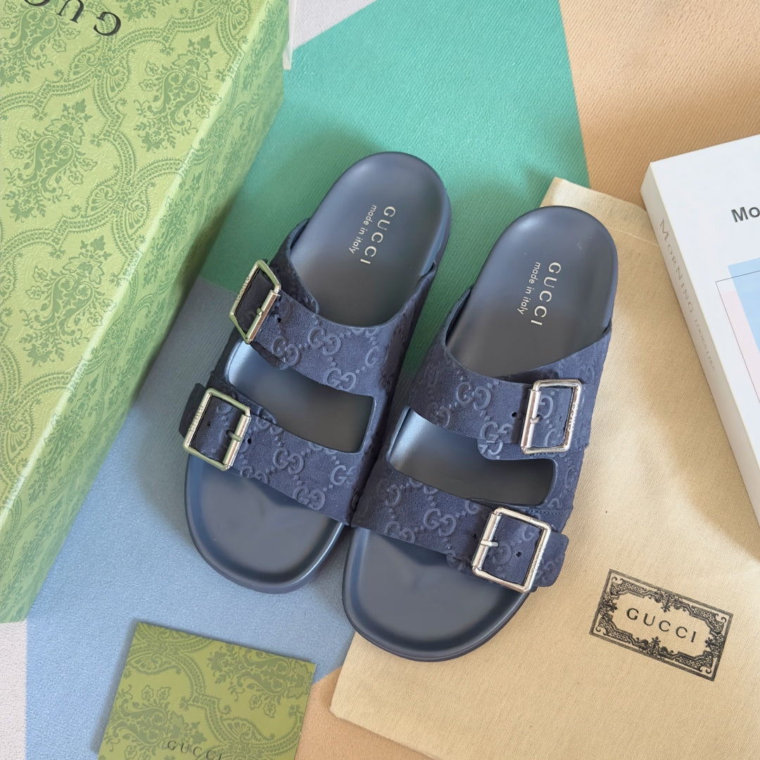 GG Men's Slide Navy Blue Embossed Suede 595718