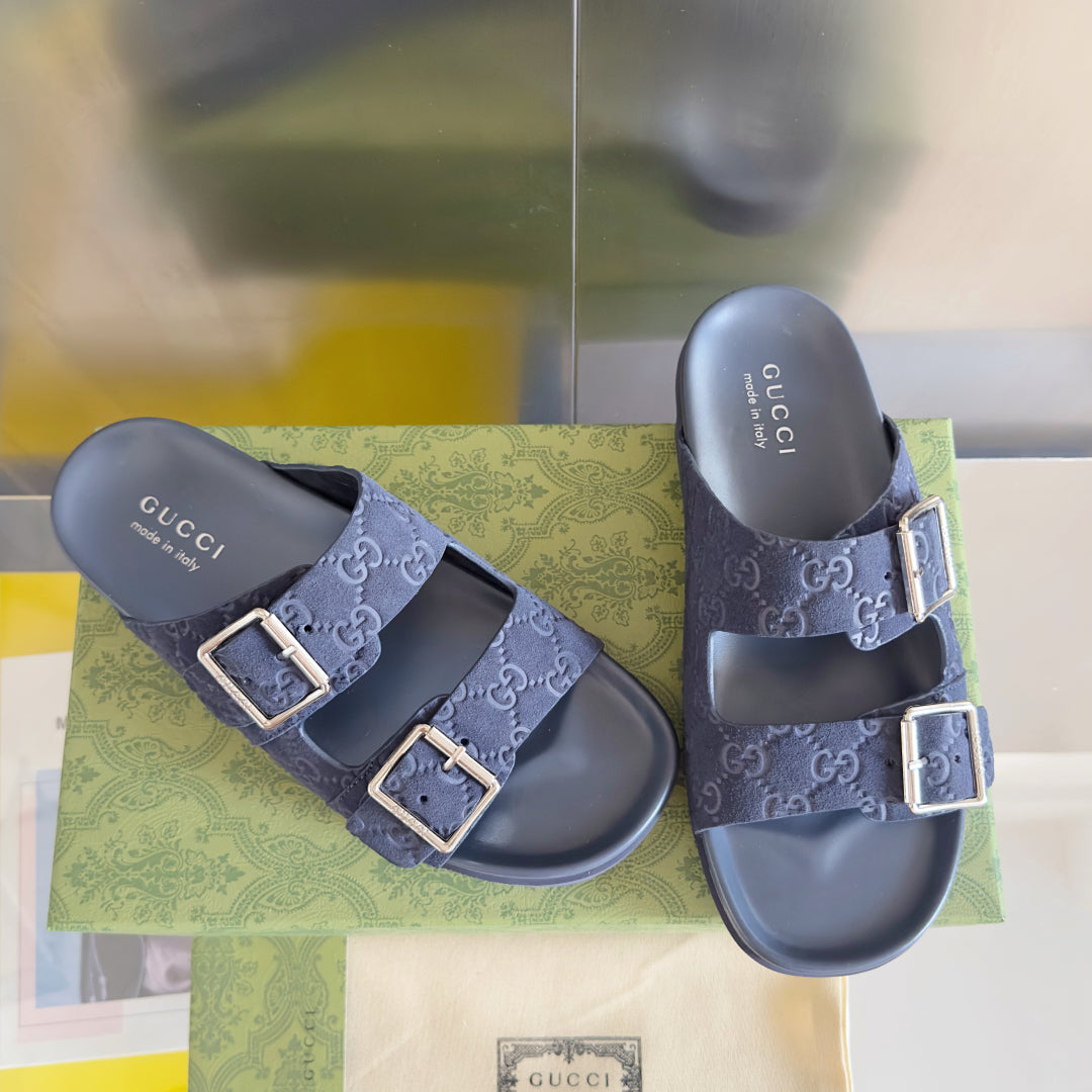 GG Men's Slide Navy Blue Embossed Suede 595718