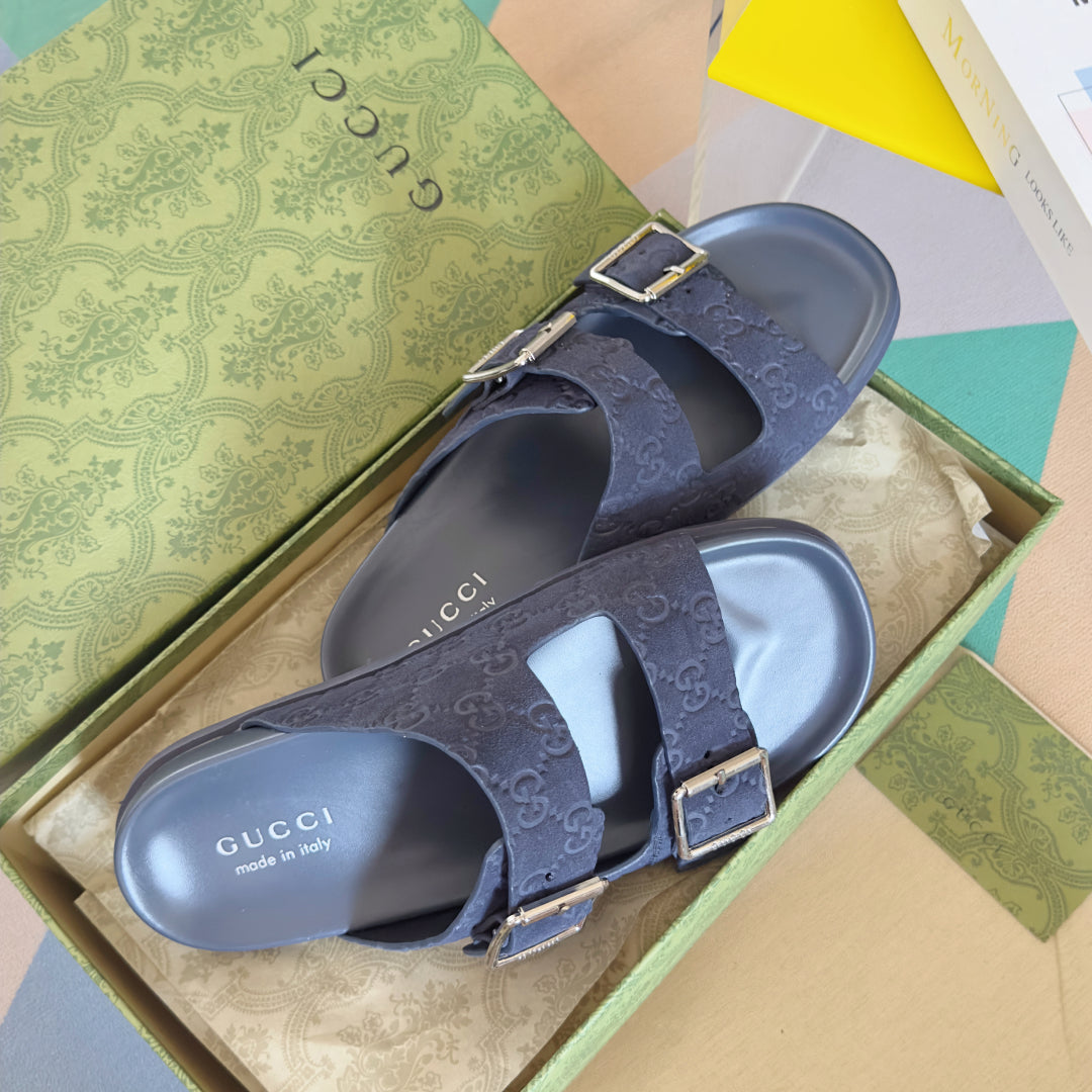 GG Men's Slide Navy Blue Embossed Suede 595718