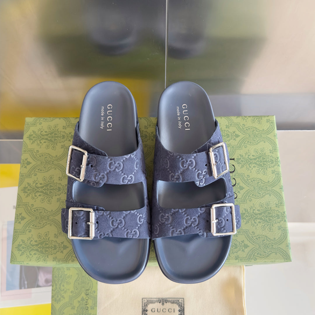 GG Men's Slide Navy Blue Embossed Suede 595718