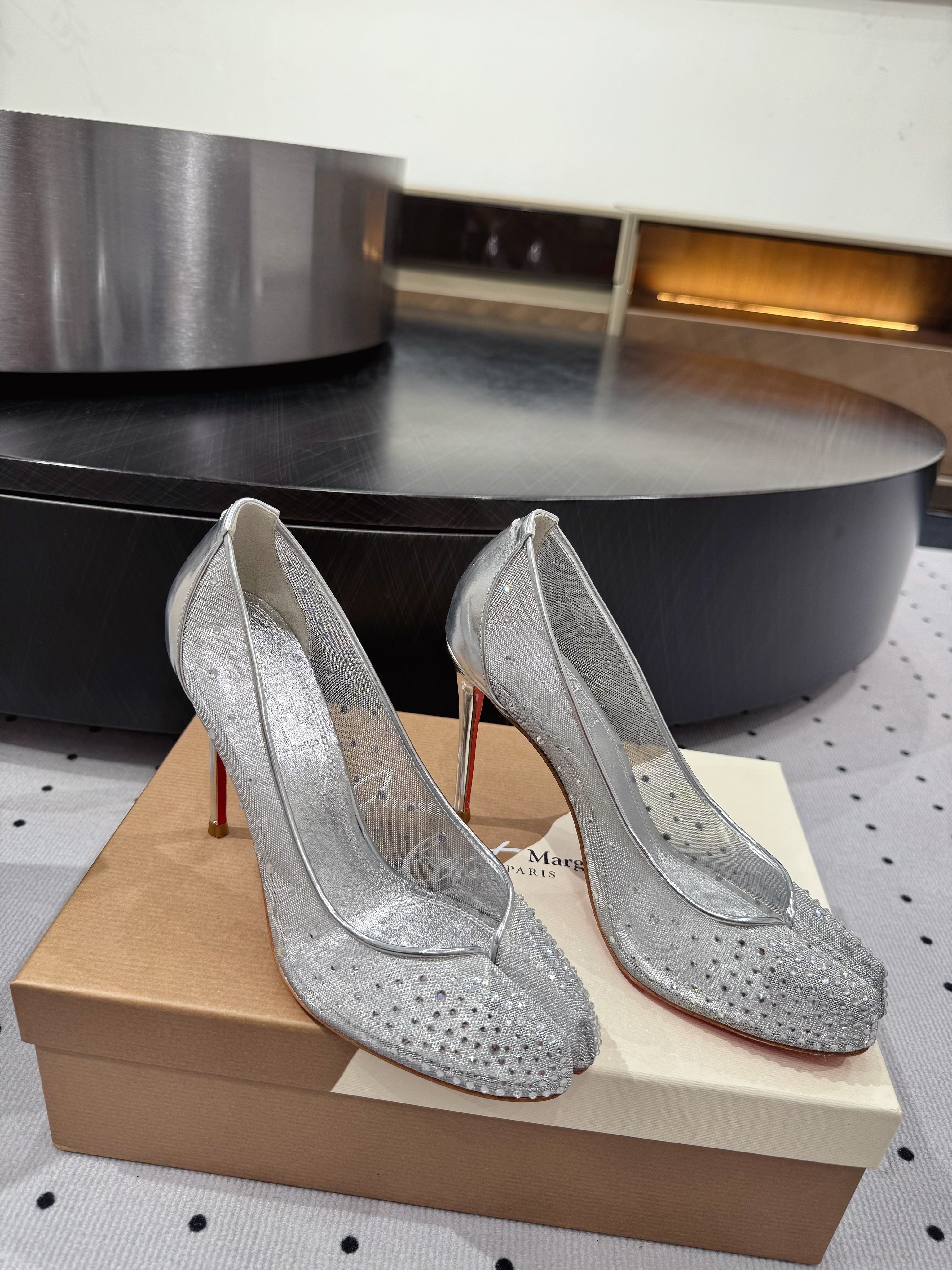 CL x Margiela 25 Diamond Pumps Sliver Fabric Lace Swarovski  296039