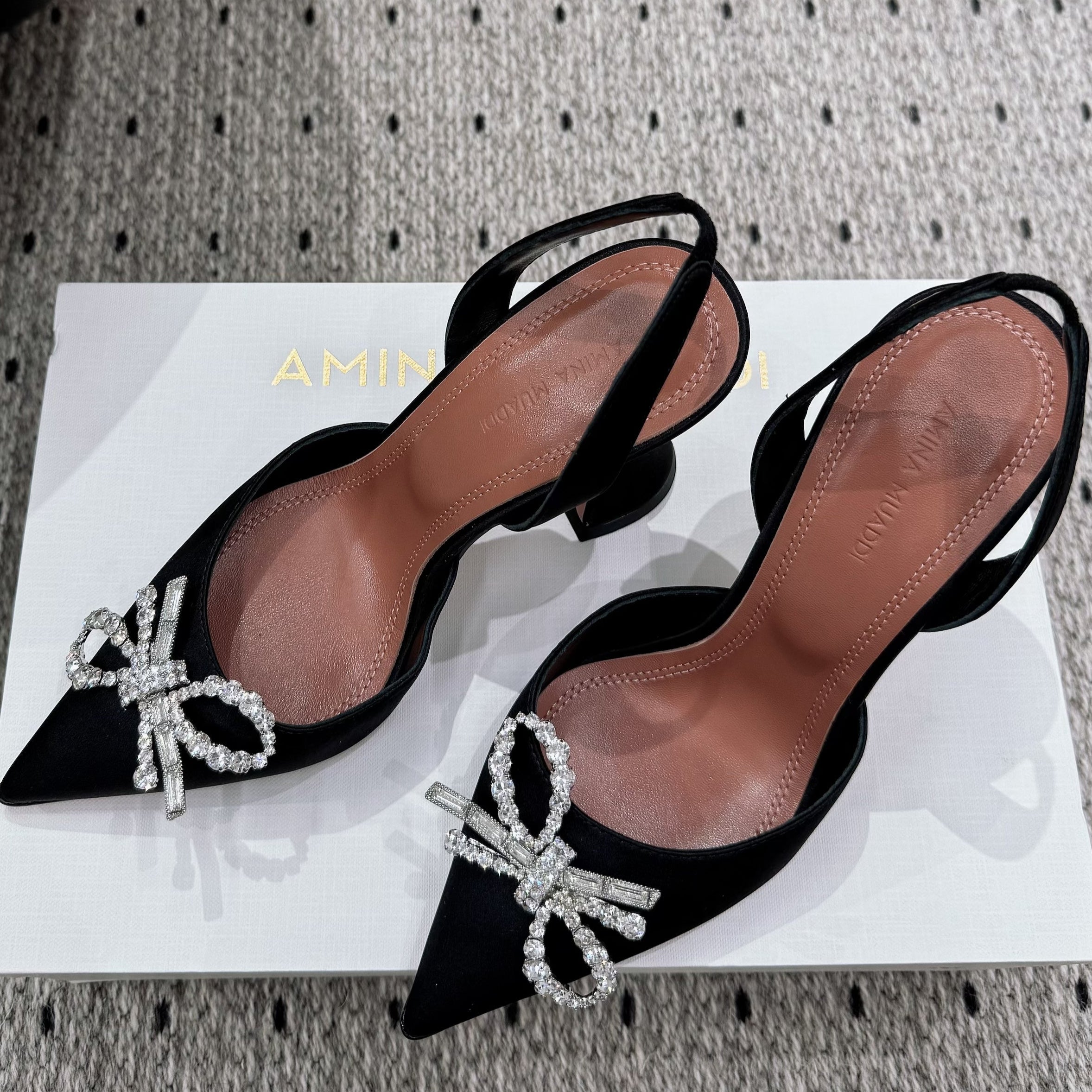 Amina & Muaddi 25 Slingback Black Silk Sheepskin