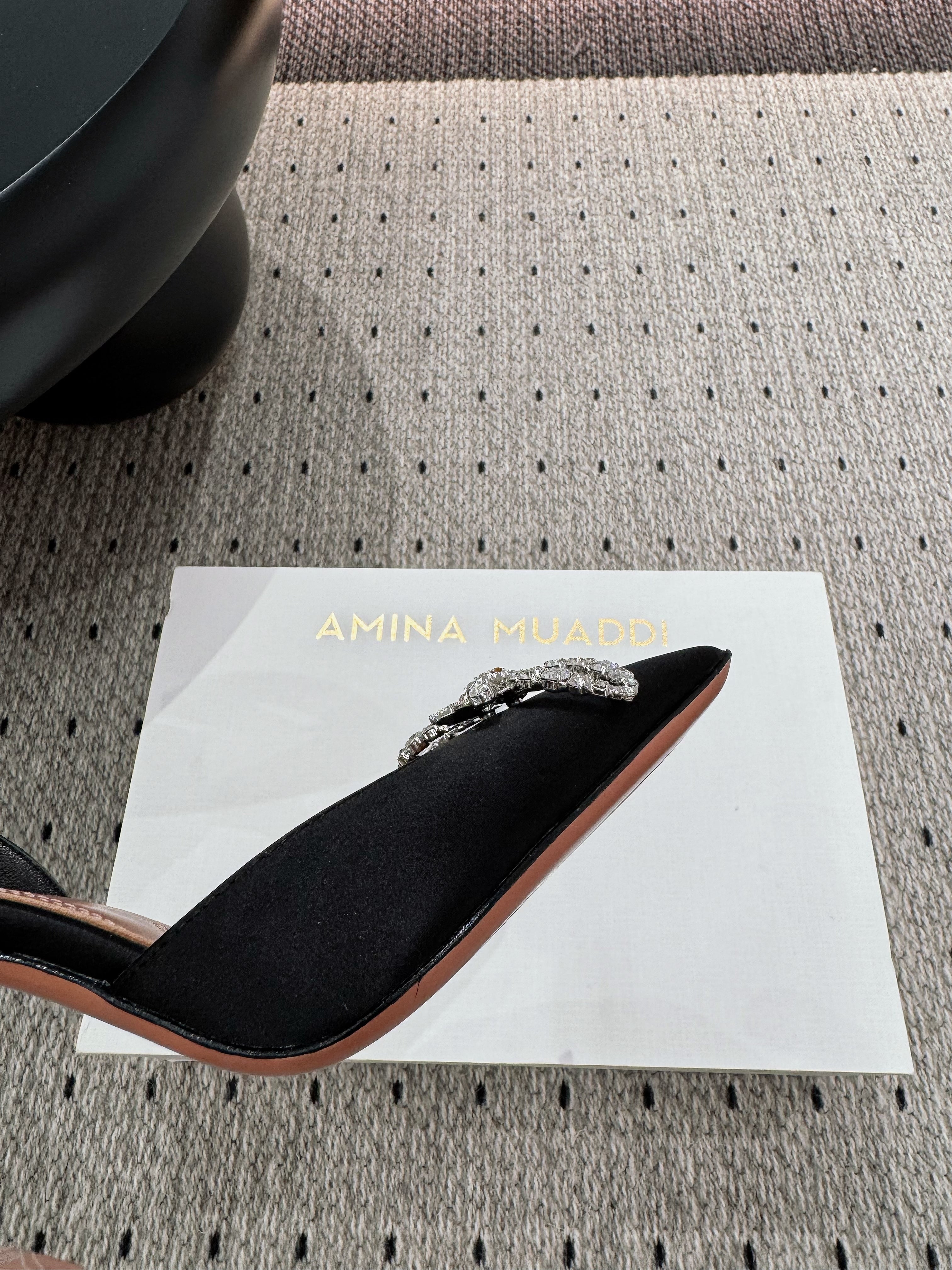 Amina & Muaddi 25 Slingback Black Silk Sheepskin