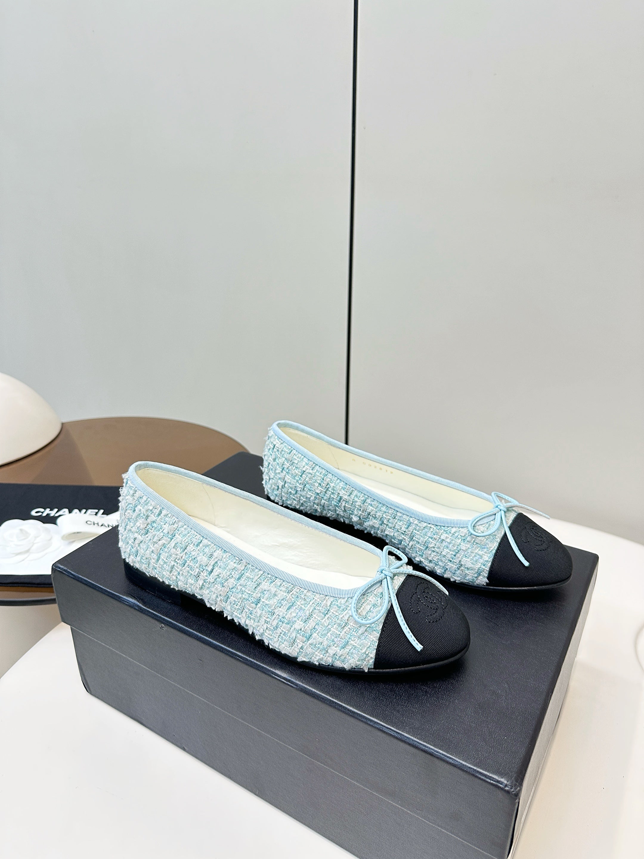 Chanel 25 Ballet Flat Blue Black Tweed Frabic 469256