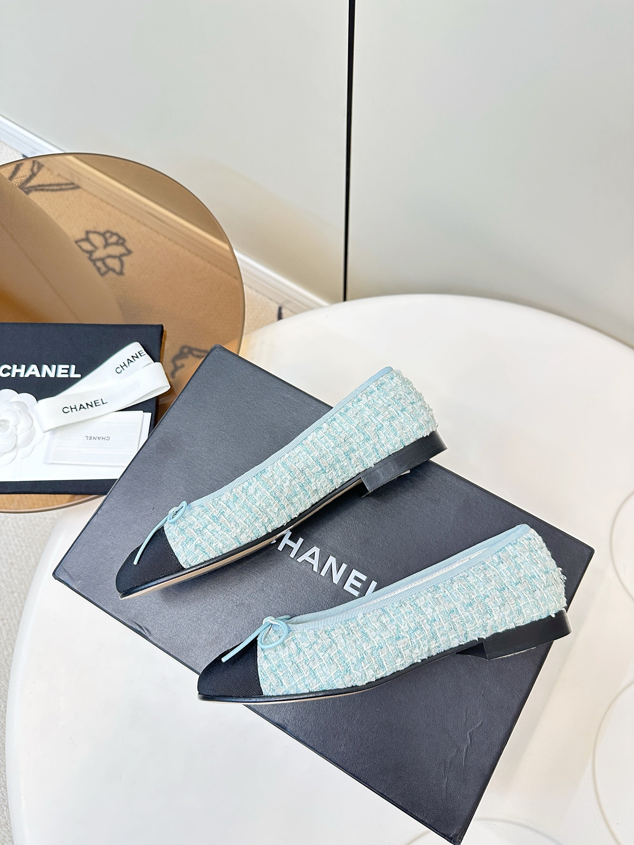 Chanel 25 Ballet Flat Blue Black Tweed Frabic 469256