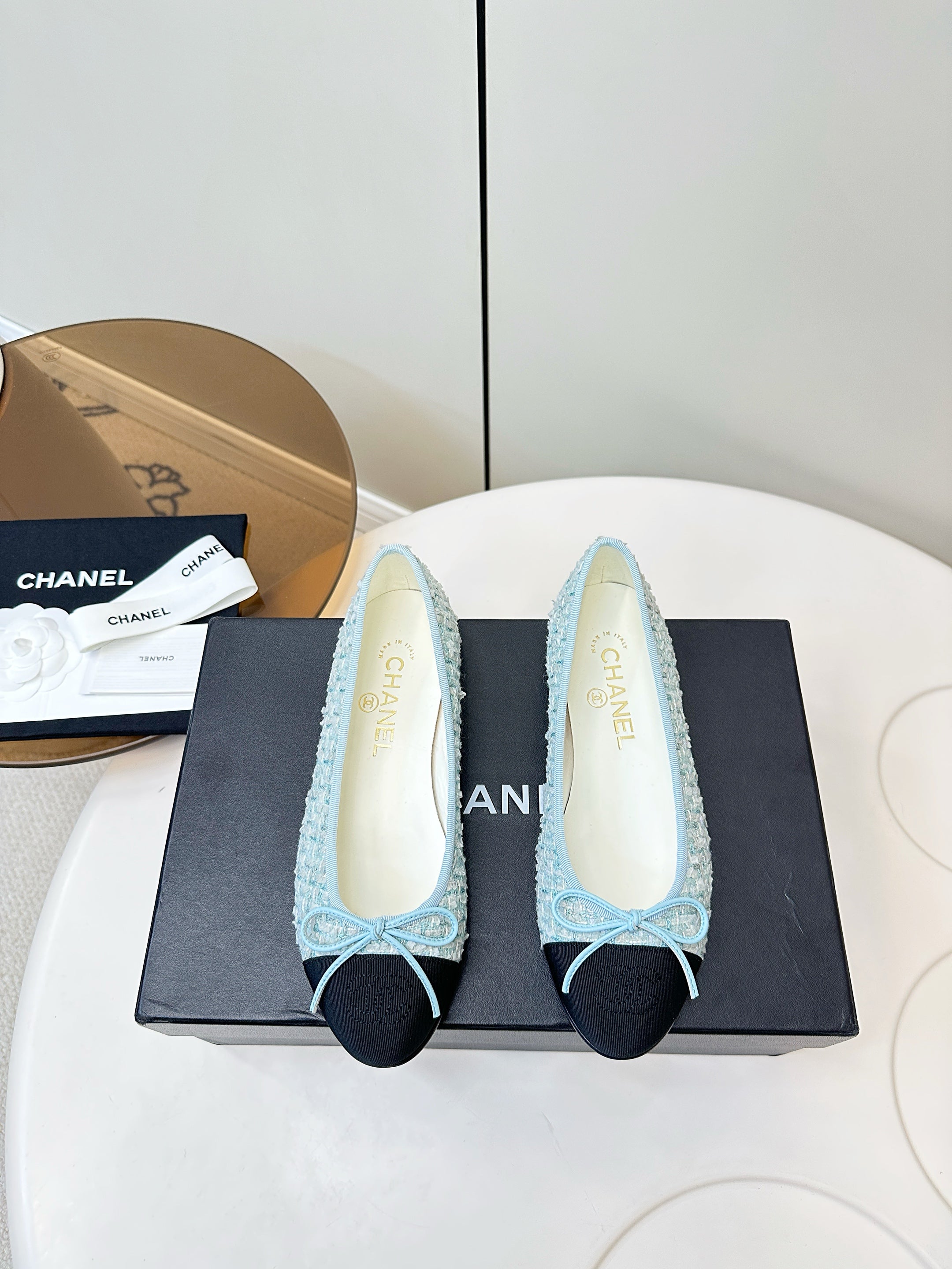 Chanel 25 Ballet Flat Blue Black Tweed Frabic 469256