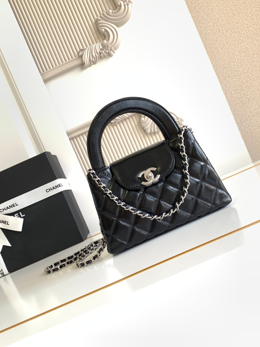 cc 24a nano 19cm kelly shopper bag black lambskin sliver hardware