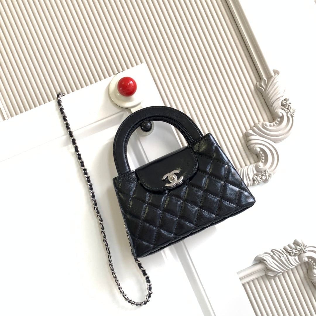 cc 24a nano 19cm kelly shopper bag black lambskin sliver hardware