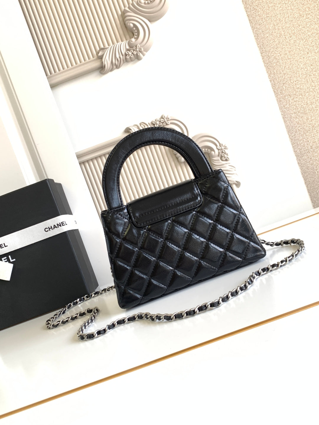 cc 24a nano 19cm kelly shopper bag black lambskin sliver hardware
