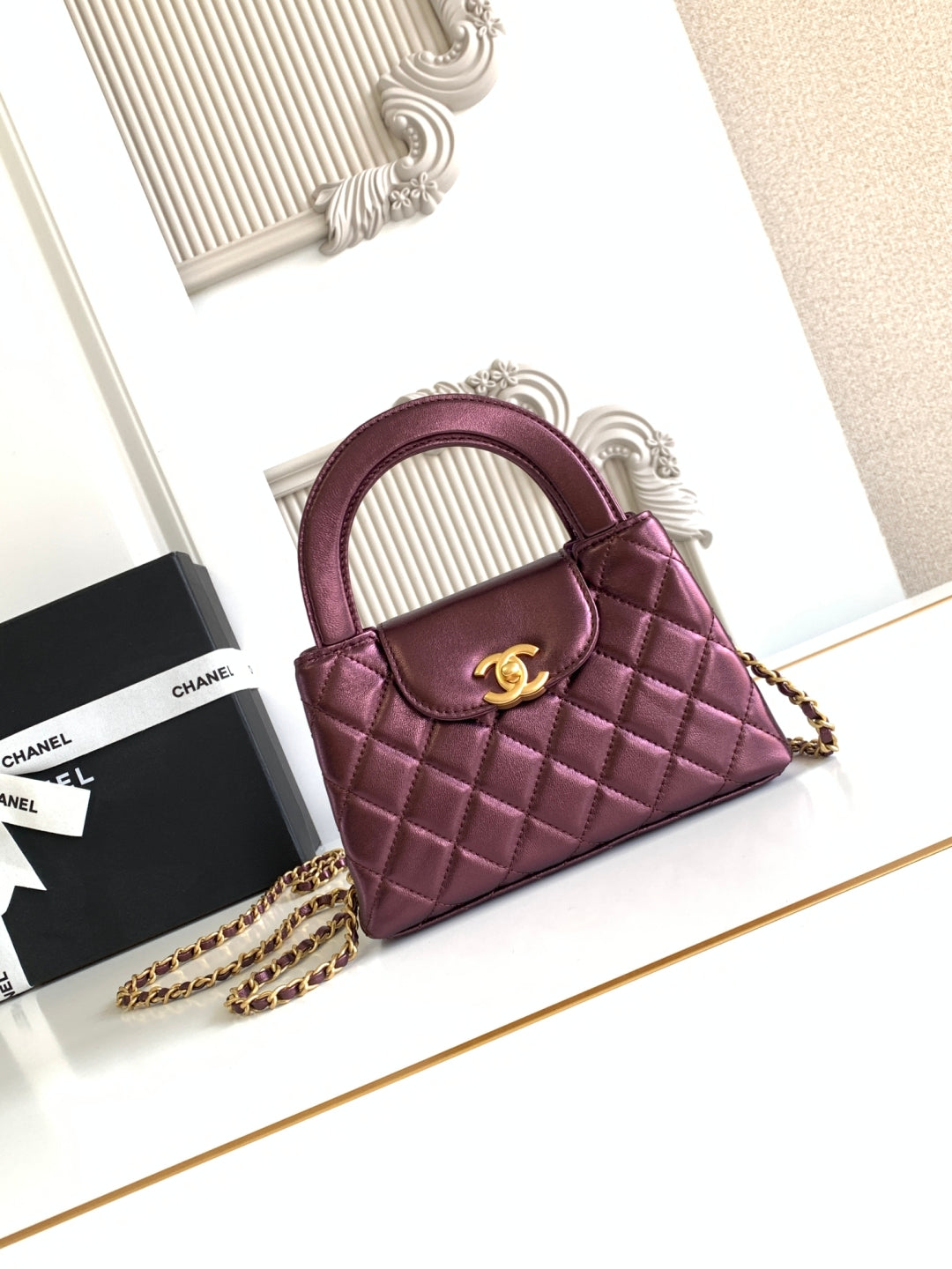 cc 24a nano 19cm kelly shopper bag burgundy metallic lambskin