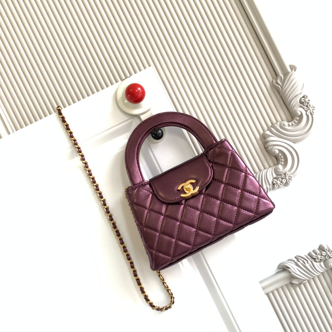 cc 24a nano 19cm kelly shopper bag burgundy metallic lambskin