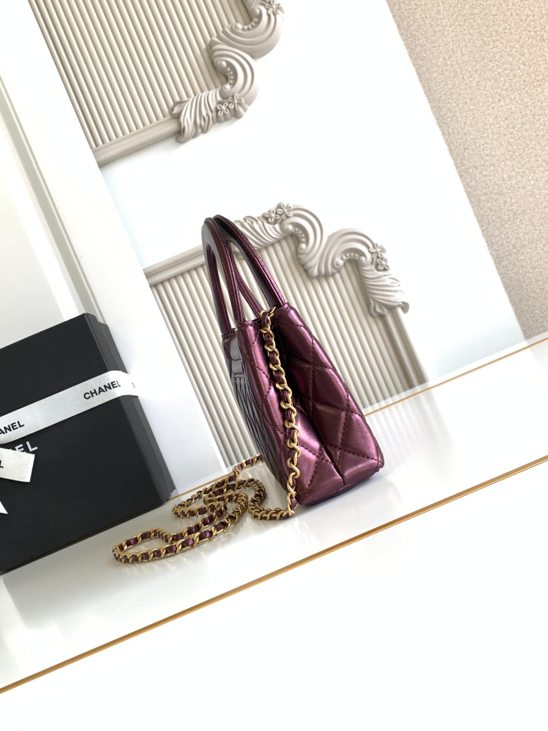 cc 24a nano 19cm kelly shopper bag burgundy metallic lambskin