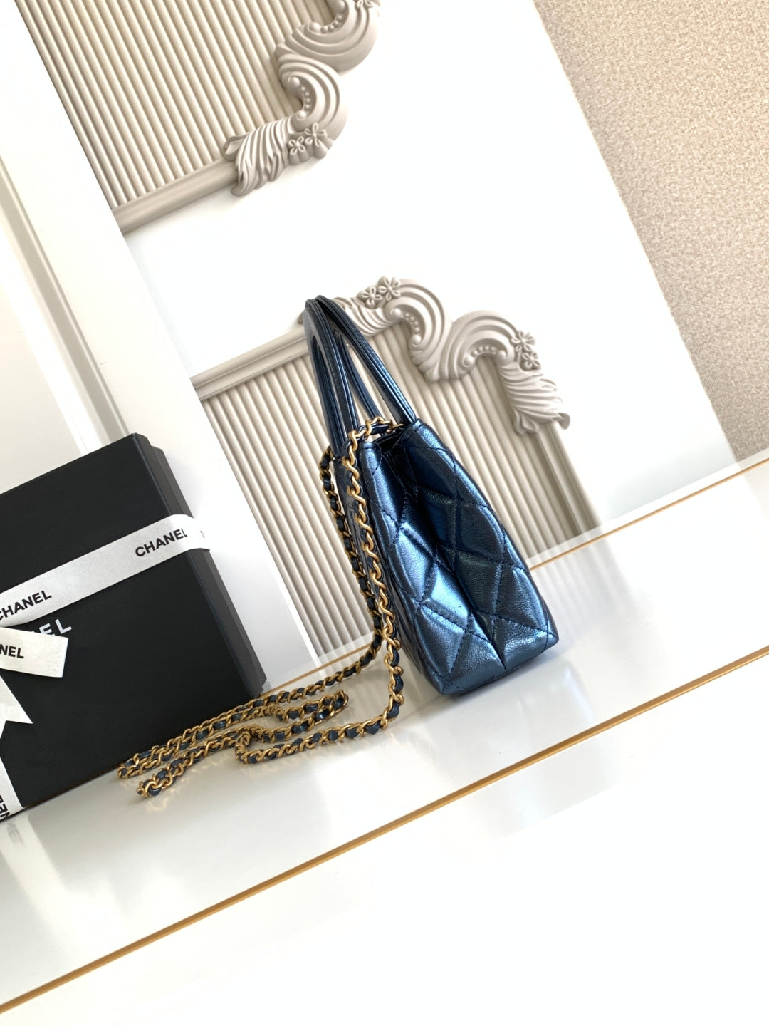 cc 24a nano 19cm kelly shopper bag metallic blue lambskin