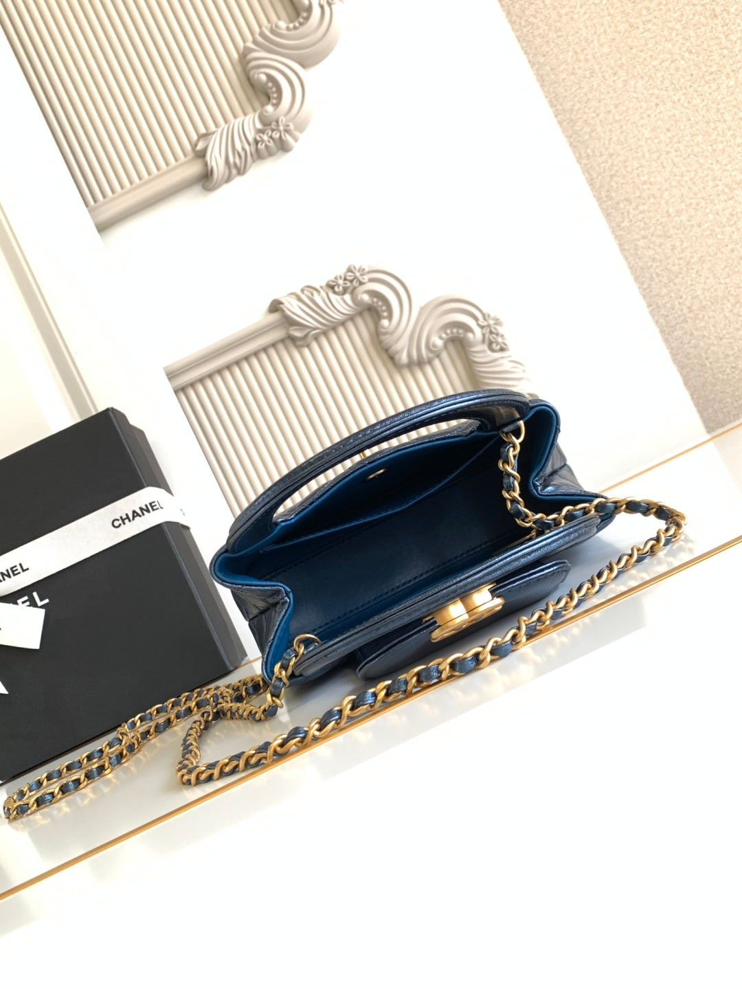 cc 24a nano 19cm kelly shopper bag metallic blue lambskin