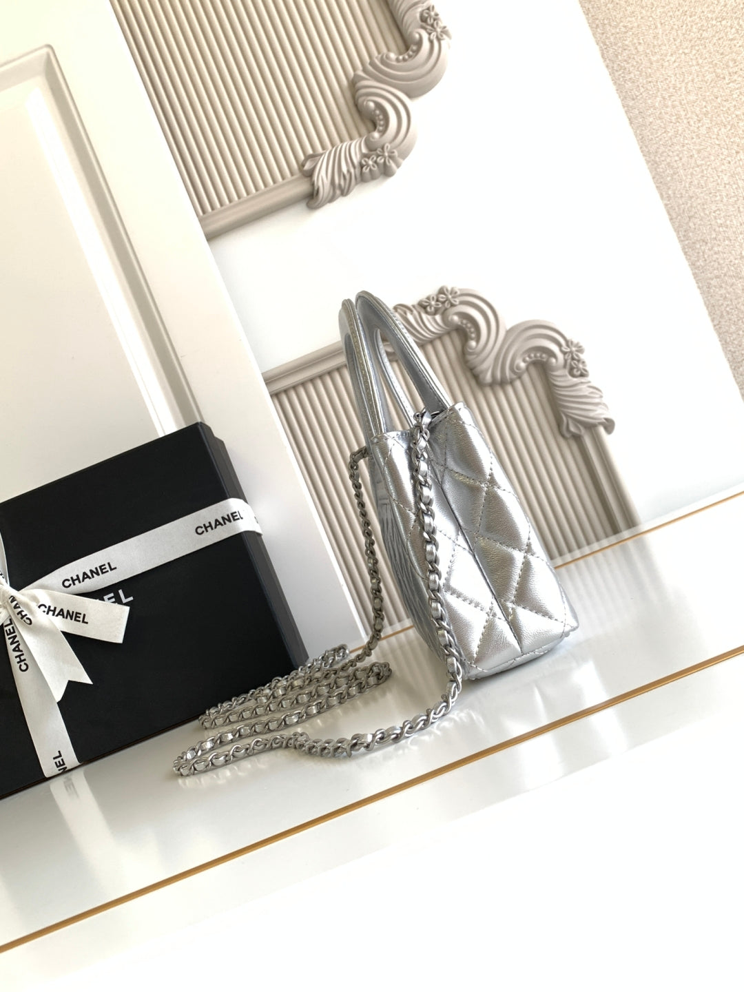 cc 24a nano 19cm kelly shopper bag sliver metallic lambskin