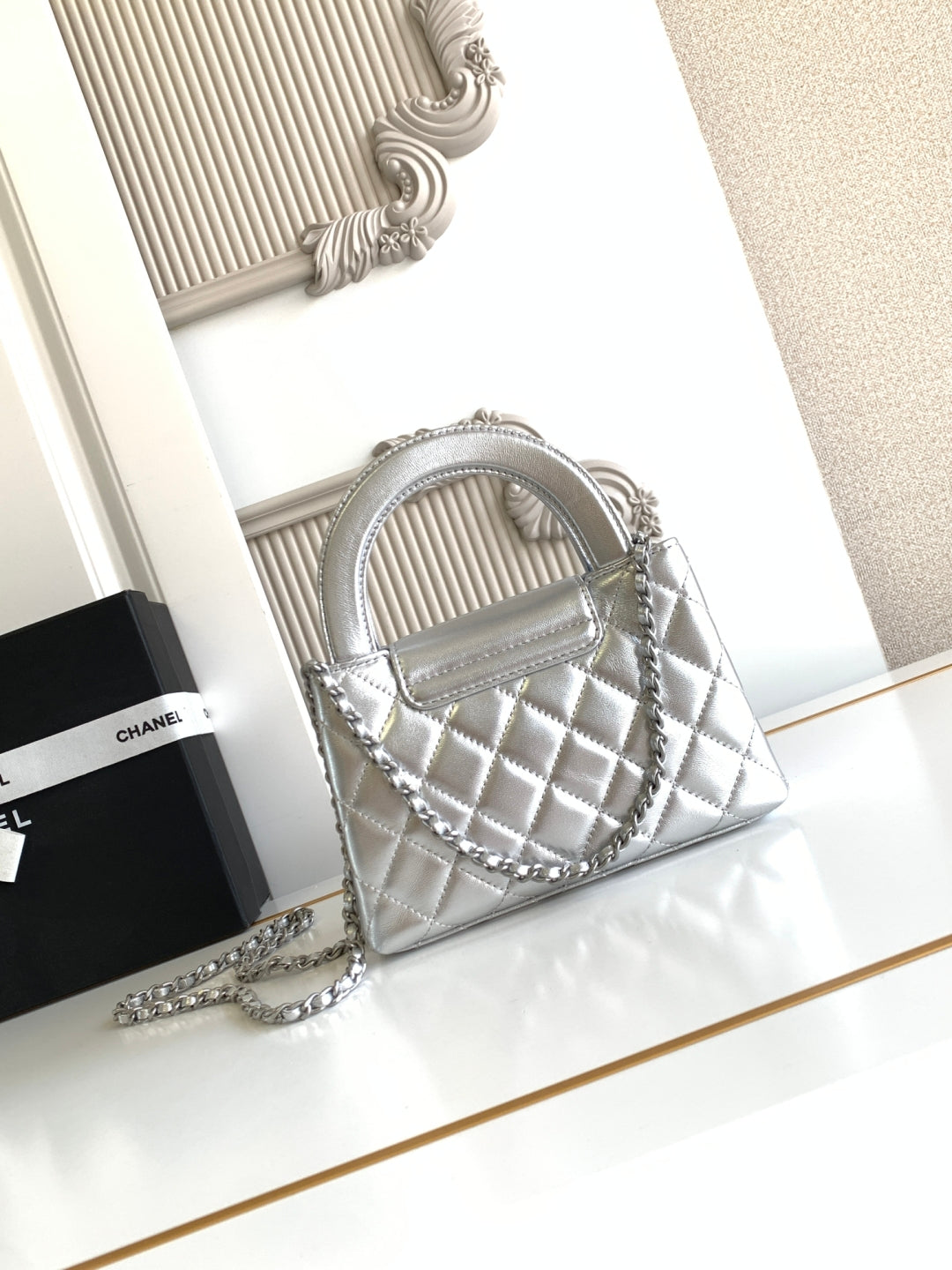 cc 24a nano 19cm kelly shopper bag sliver metallic lambskin