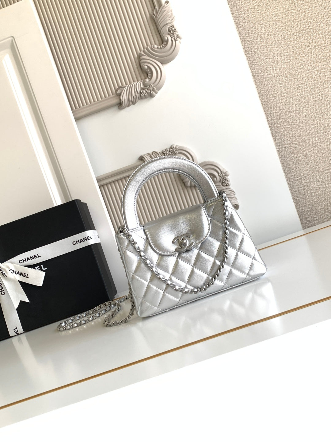 cc 24a nano 19cm kelly shopper bag sliver metallic lambskin