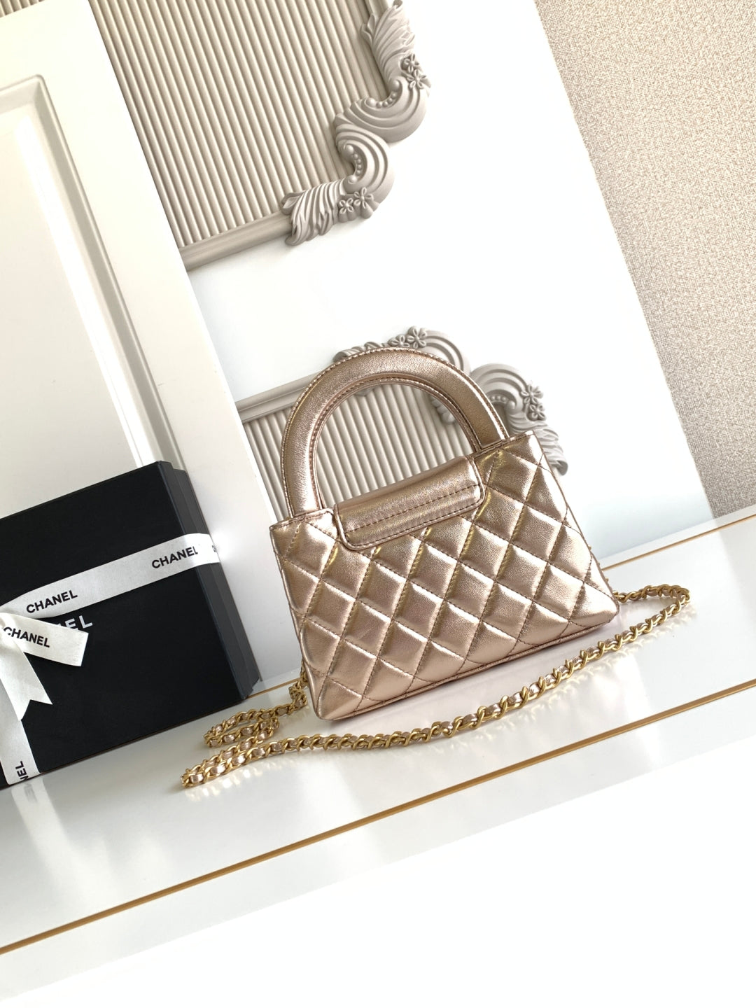 cc 24a nano 19cm kelly shopper bag metallic rose gold lambskin