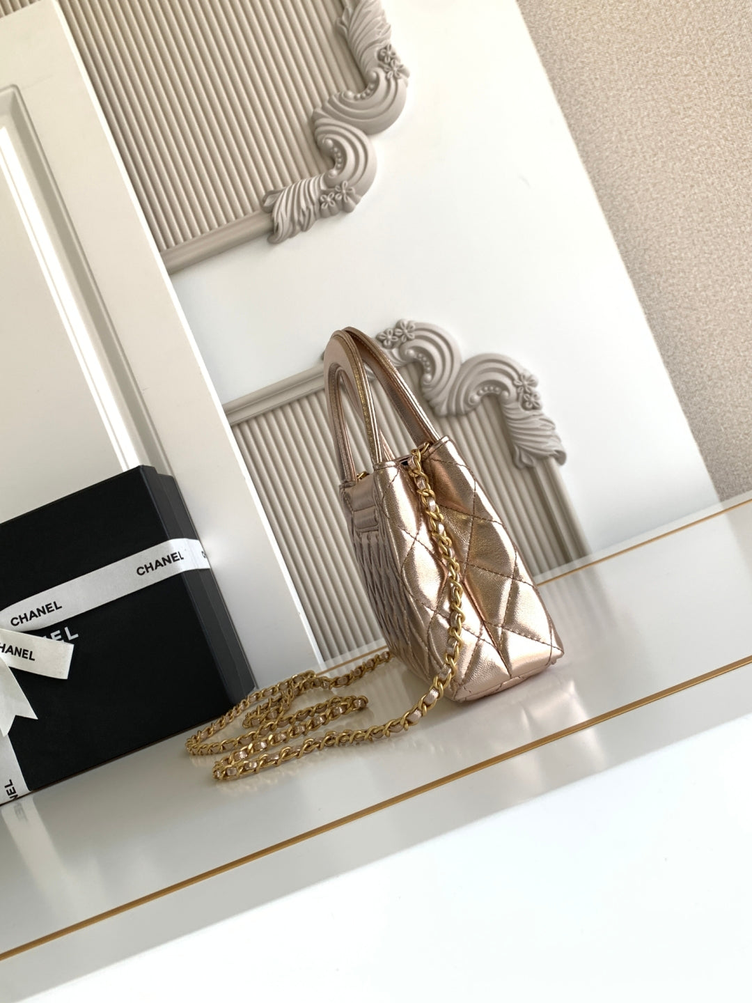 cc 24a nano 19cm kelly shopper bag metallic rose gold lambskin