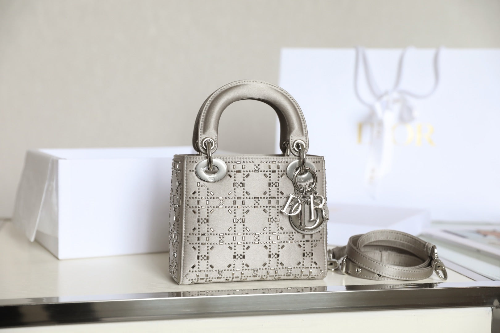 CD Lady Dior Mini Diamond Bag Gray Satin