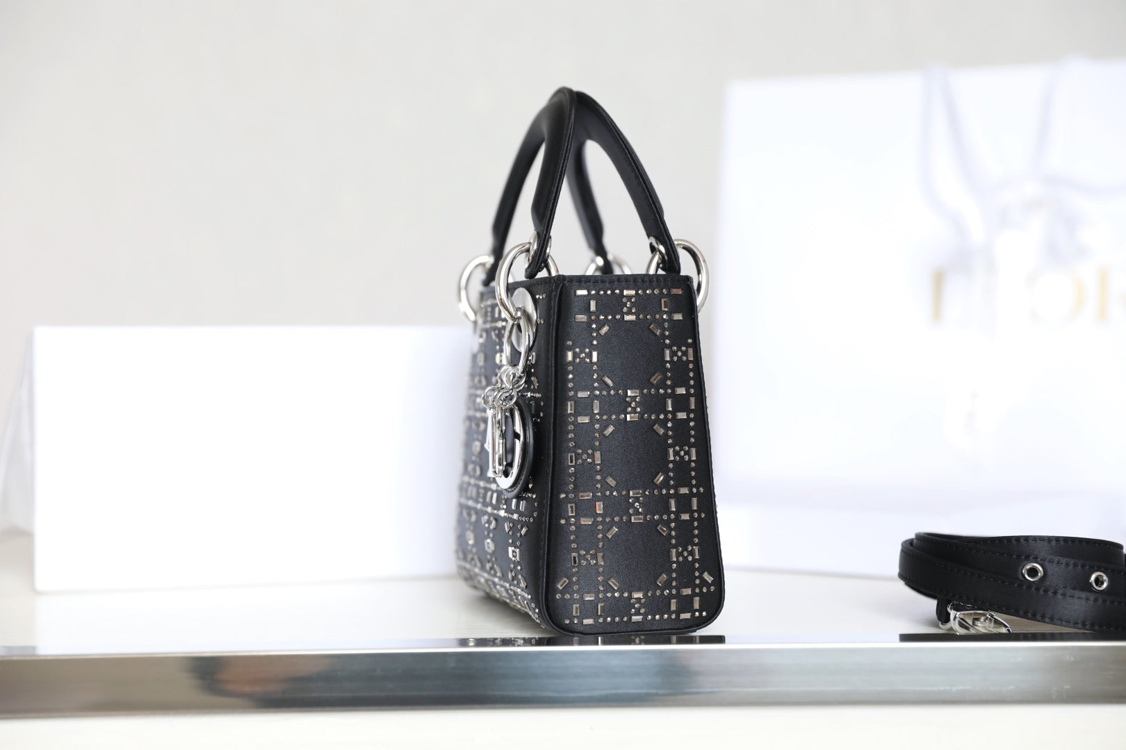 CD Lady Dior Mini Diamond Bag Black Satin