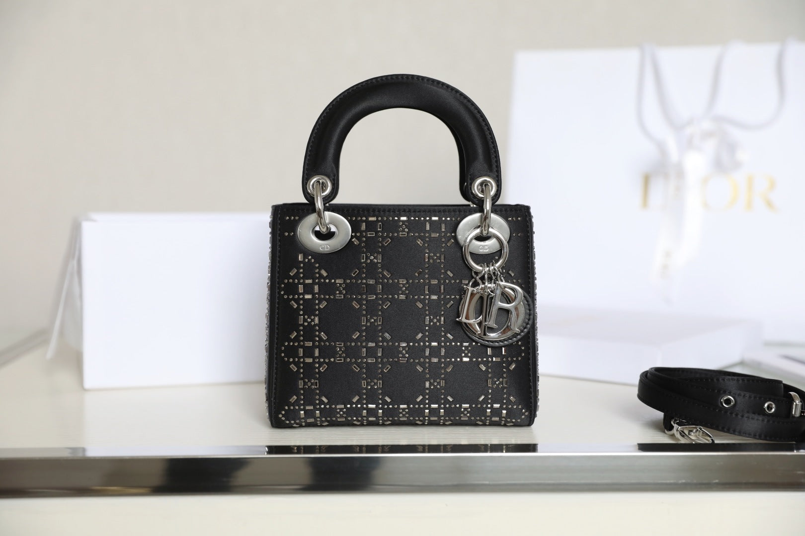 CD Lady Dior Mini Diamond Bag Black Satin