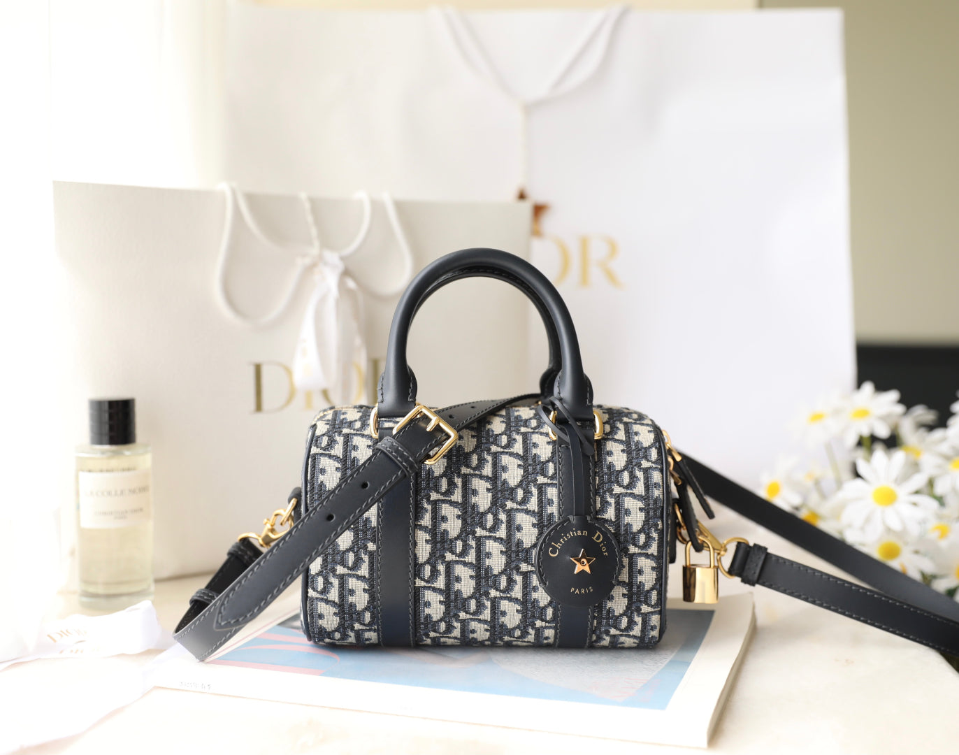 CD Monogram Pillow Bag Blue Beige Canvas