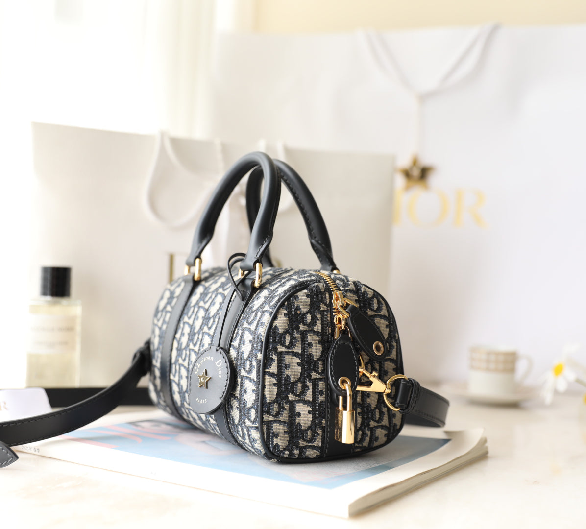 CD Monogram Pillow Bag Blue Beige Canvas