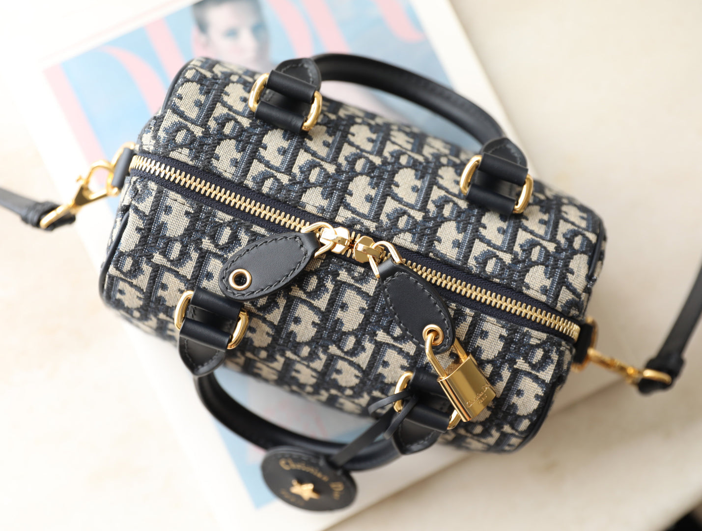 CD Monogram Pillow Bag Blue Beige Canvas