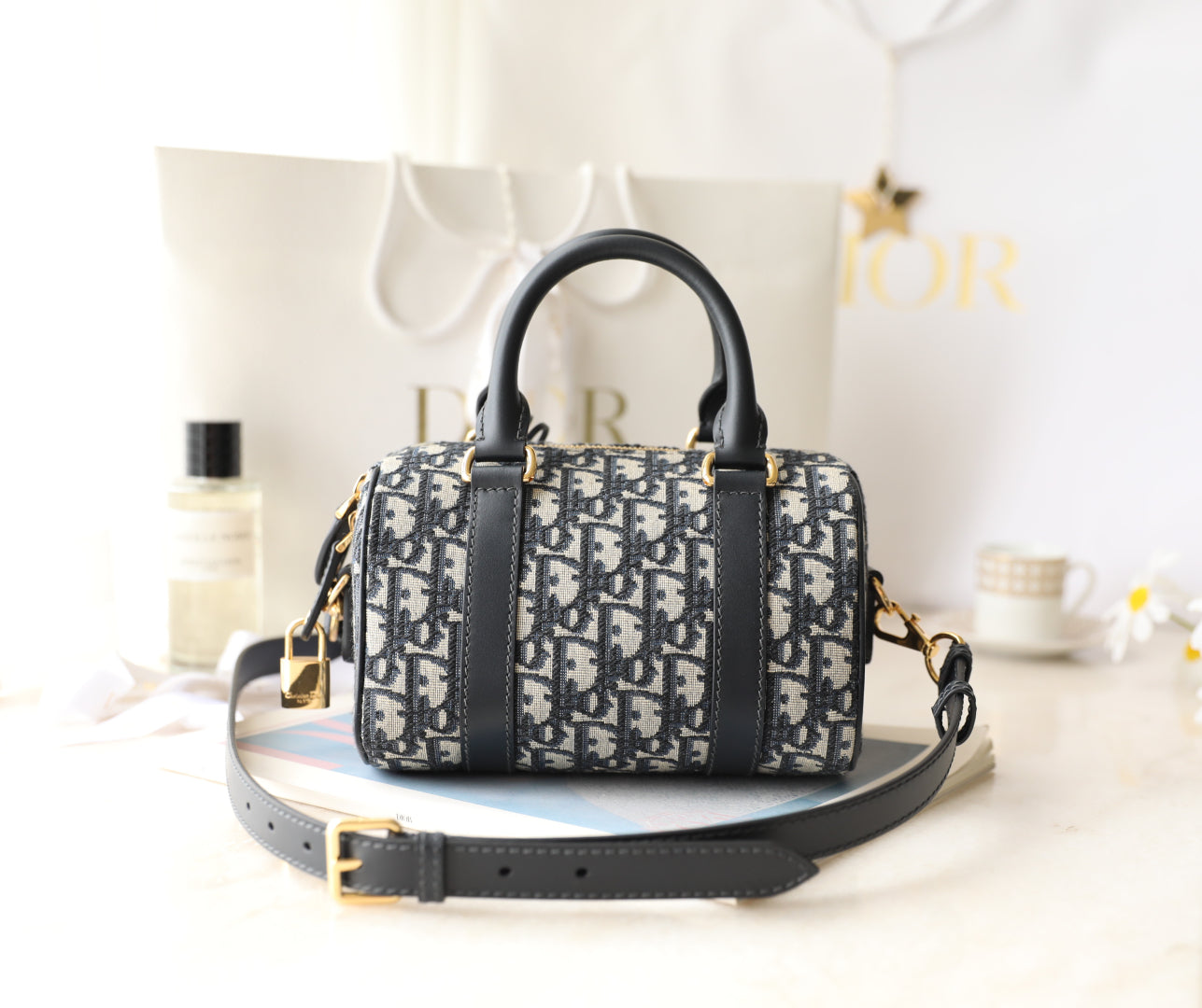 CD Monogram Pillow Bag Blue Beige Canvas