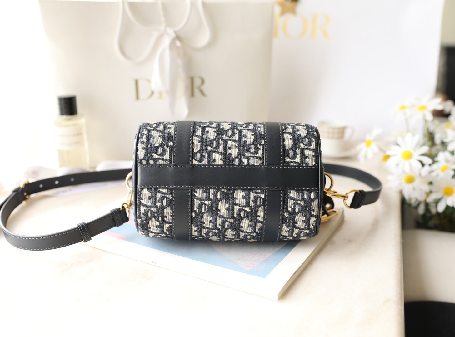 CD Monogram Pillow Bag Blue Beige Canvas