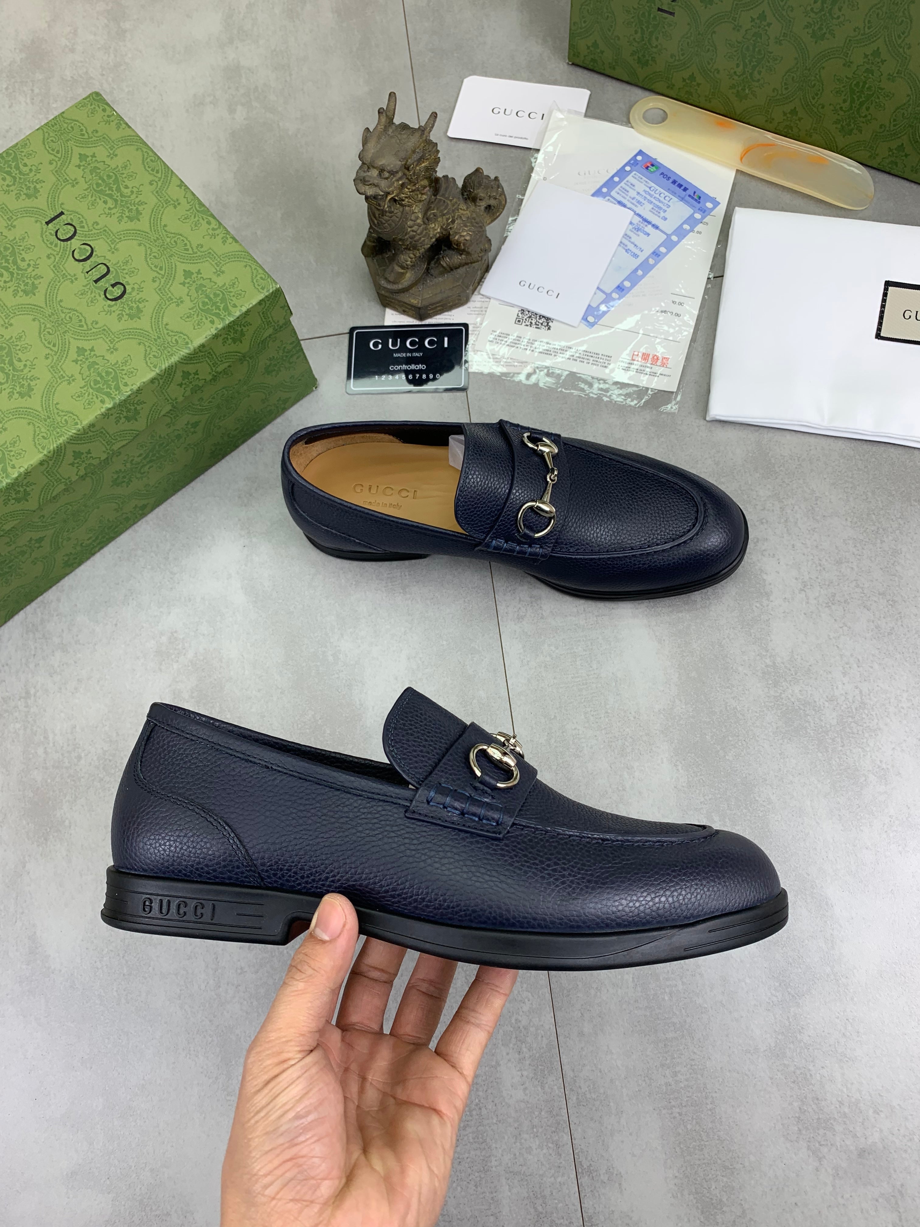 GG Men's Horsebit Loafer Navy Blue Silver Cowhide 524771